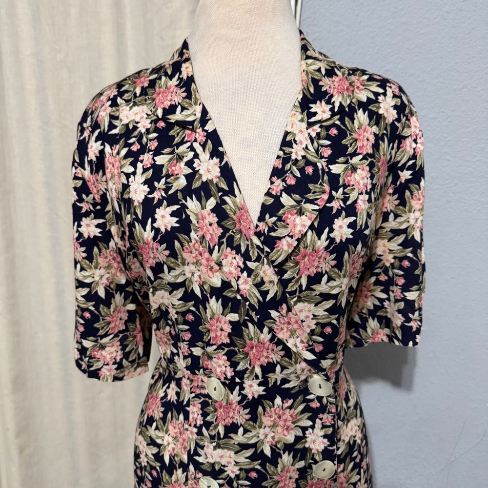 Betsy's Things Vintage 90s Floral Maxi Dress XL Navy Double Breasted Cottagecore - Picture 4 of 16